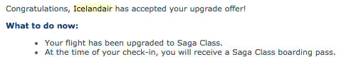 E-mail saying the upgrade to Saga Class was accepted