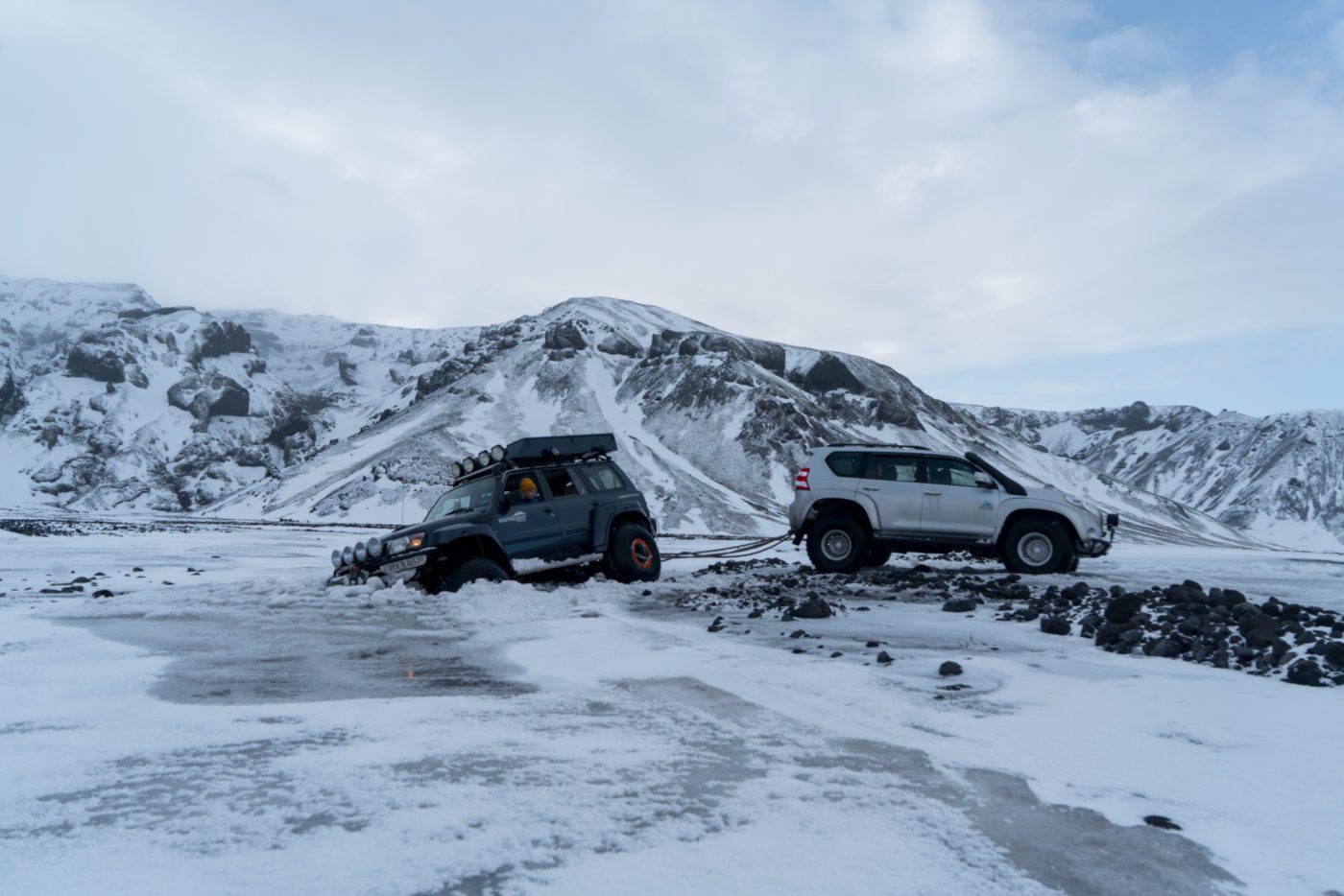 Getting stuck in Thorsmörk during our super jeep tour
