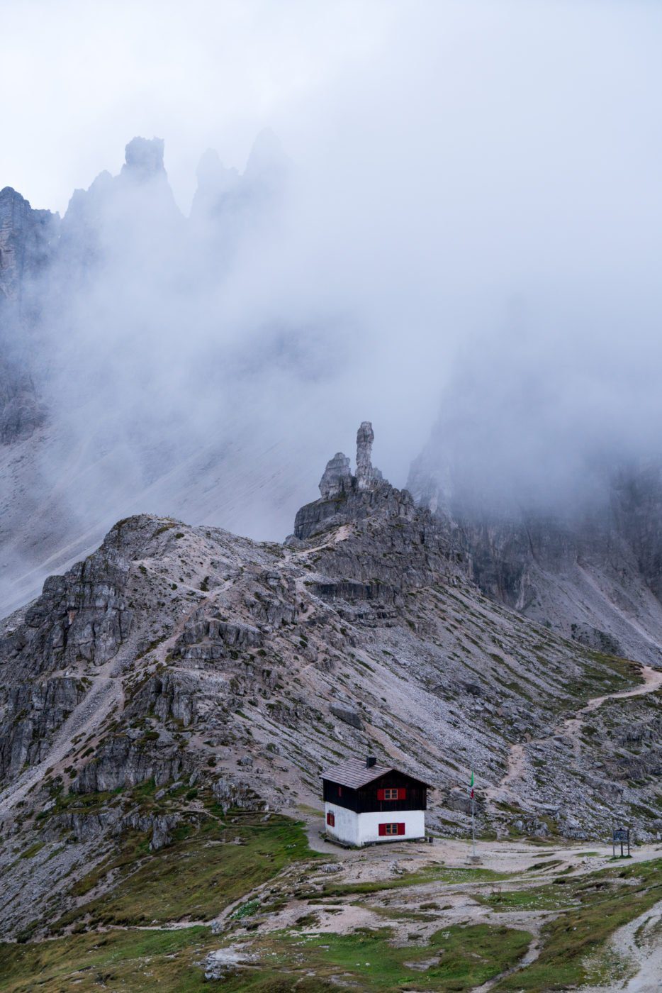 Hut at Tre Cime, Drei Zinnen, famous Instagram location in the Dolomites