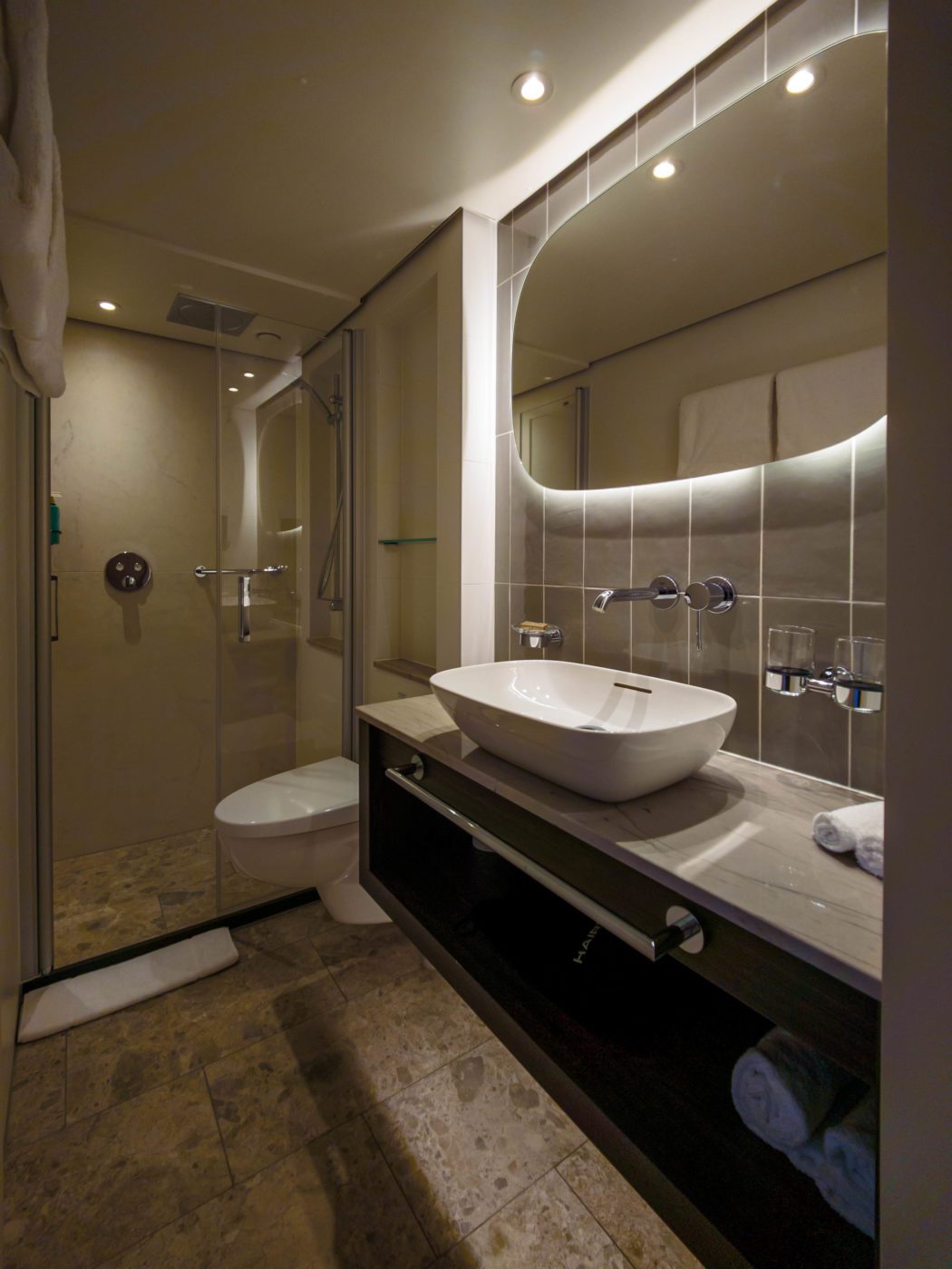 Spacious bathroom in a cabin on the ms VIVA One from Viva Cruises. Larger than average